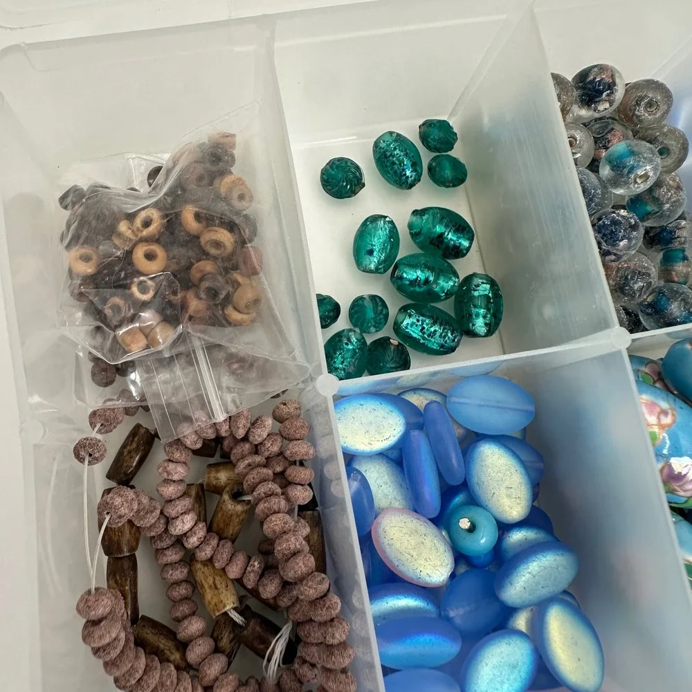 Large Blue Glass Bead Lot Jewelry Making Supplies Cloisonne Cat Eye Organizer